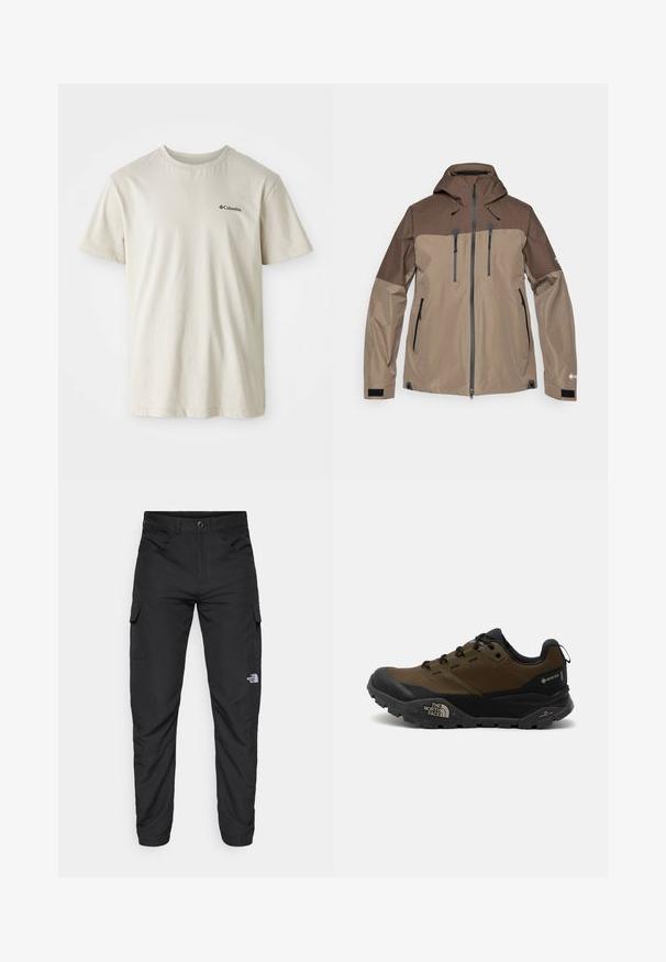 Pruun ja beež veekindel jakk kapuutsiga, tõmblukuga ees ja mitme tõmblukuga taskuga. Omab tekstuuriga õlavarrepaneeli ja reguleeritavaid mansette.; Beež puuvillane T-särk lühikeste varrukatega, ümmarguse kaelusega ja väikese musta logoga vasakul rinnal. Sile, kaunistusteta kangas.; The North Face HORIZON PANT - Õuepüksid - black; Kerged, pruunid ja mustad matkajalanõud, millel on veekindel Gore-Tex ülemine osa, robustne tallad ja vastupidav konstruktsioon välistingimustes tegevusteks.