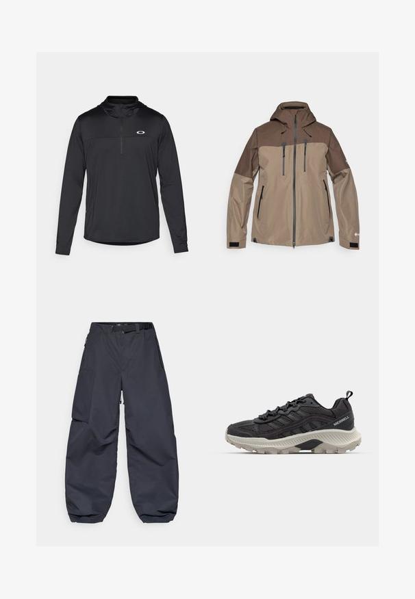 Braune und beige wasserfeste Jacke mit Kapuze, Reißverschluss vorne und mehreren Reißverschlusstaschen. Verfügt über ein strukturiertes Schulterpanel und verstellbare Bündchen.; Schwarzer Langarm-Pullover mit Kapuze, ausgestattet mit einem Viertelreißverschluss und einem dezenten Logo auf der Brust, aus leichtem, atmungsaktivem Material.; Dunkelgraue Cargo-Hosen aus einem weichen, strapazierfähigen Material. Sie haben eine weite, lockere Passform, mehrere Taschen und einen verstellbaren Taillengürtel.; Schwarzer Sportschuh mit Mesh-Obermaterial, ausgeprägter Dämpfung, strukturiertem Profil und reflektierenden Akzenten. Verfügt über eine Zuglasche und ein Schnürdesign.