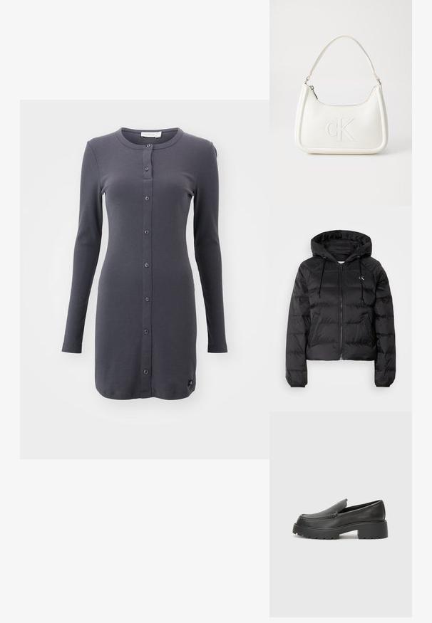 Calvin Klein Jeans LIGHTWEIGHT LOGO PUFFER - Ziemas jaka - black; Ilgi piedurkņu, tumšā pelēkā kardigāns, izgatavots no ribota auduma; tam ir apaļa apkakle un pilns pogu priekšpuses slēgums ar mazu logotipa birku apakšmalā.; Melnas ādas mokasīni ar noapaļotu purngalu, biezs teksturēts zoles un minimālas dūriena detaļas. Gluds dizains bez redzamām auklām vai metāla elementiem.; Balta ādas rokassoma ar noapaļotu formu, uz kuras priekšpuses ir izgriezts "CK" logo un viena plecu siksna. Augšā aizverama ar rāvējslēdzēju.