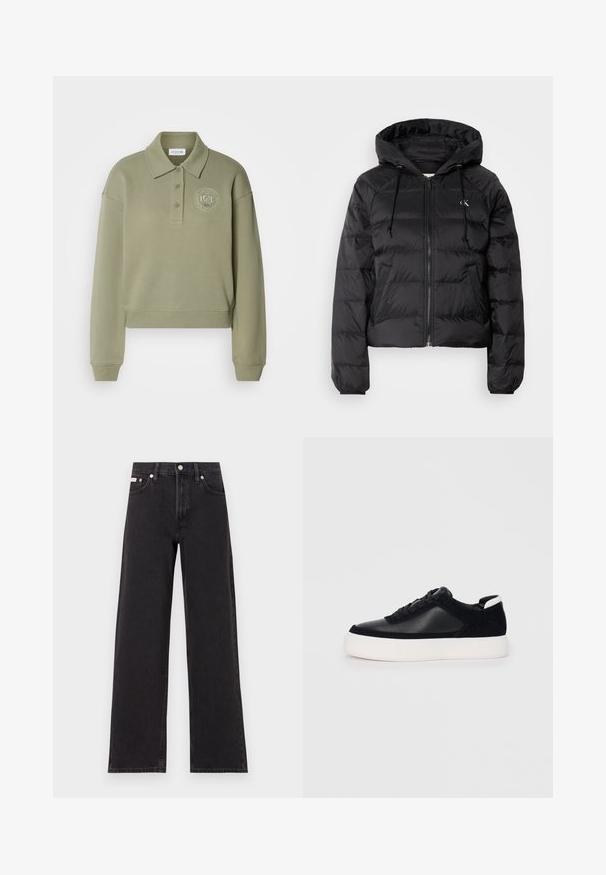 Calvin Klein Jeans LIGHTWEIGHT LOGO PUFFER - Giacca invernale - black; Felpa polo cropped verde oliva con maniche lunghe, due bottoni e un logo ricamato rotondo sul petto. Tessuto morbido.; Jeans neri a gamba larga in denim, con vita alta, styling a cinque tasche e chiusura con bottone metallico e cuciture a contrasto.; Sneaker nera con pannelli in pelle liscia e suede, lacci piatti, punta arrotondata e suola in gomma bianca. Logo distintivo sul tallone.