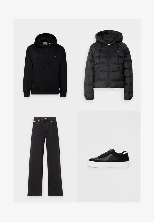 Calvin Klein Jeans LIGHTWEIGHT LOGO PUFFER - Veste d'hiver - black; Haut à capuche noir avec une poche avant, des cordons de serrage et un tissu doux. Comprend un petit logo brodé sur la poitrine et des poignets côtelés.; Jeans noirs à jambes larges en denim, avec une taille haute, une coupe à cinq poches et une fermeture à bouton en métal avec des coutures contrastantes.; Sneaker noir avec des panneaux en cuir lisse et en daim, lacets plats, bout rond et semelle en caoutchouc blanche. Logo distinct au niveau du talon.