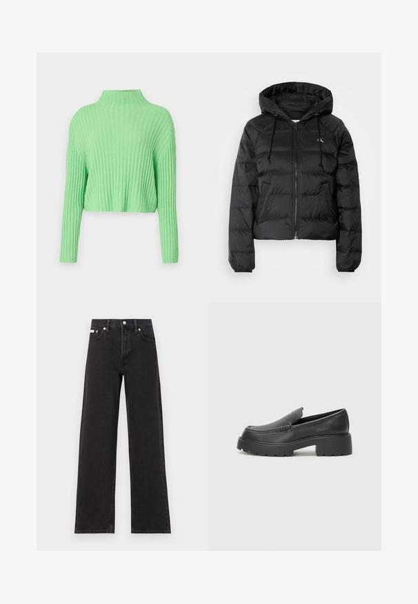 Calvin Klein Jeans LIGHTWEIGHT LOGO PUFFER - Ziemas jaka - black; Gaiši zaļš īss krekls ar augstu apkakli, ribota tekstūra un garām piedurknēm. Tam ir brīvs piegriezums un mīksts audums.; Melni platmalu džinsi, kas izgatavoti no denima, ar augstu vidukli, piecu kabatu dizainu un metāla pogas aizdari ar kontrastējošu šuvumu.; Melnas ādas mokasīni ar noapaļotu purngalu, biezs teksturēts zoles un minimālas dūriena detaļas. Gluds dizains bez redzamām auklām vai metāla elementiem.
