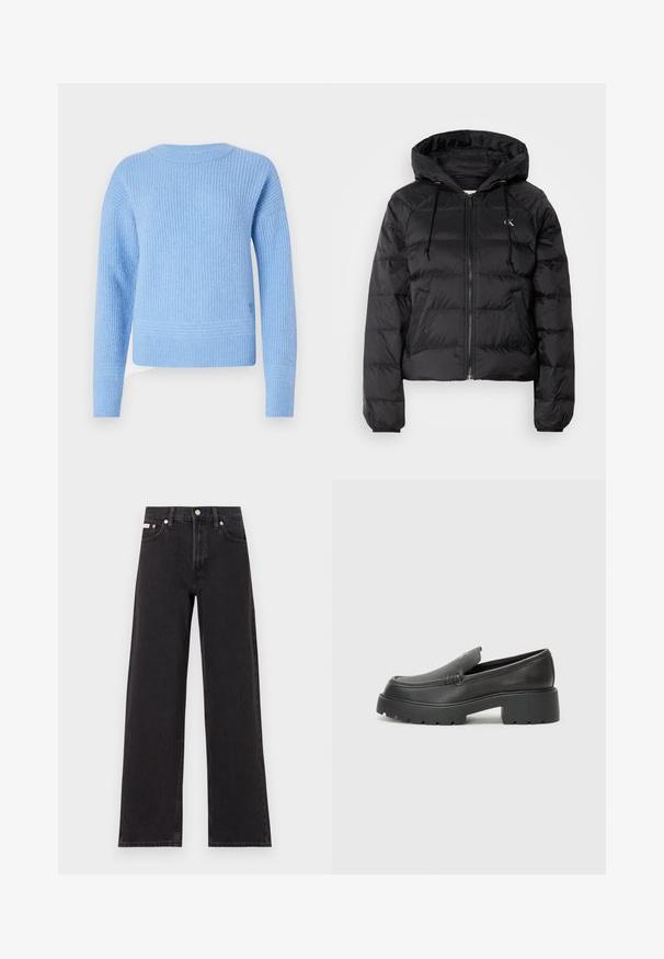 Calvin Klein Jeans LIGHTWEIGHT LOGO PUFFER - Vinterjacka - black; Ljusblå stickad tröja med ribbad struktur, rund halsringning och långa ärmar. Har en kortad passform och subtila horisontella ränder vid nederkanten.; Svarta vida jeans i denim med hög midja, fem fickor och metallknappstängning med kontrasterande sömmar.; Svarta läderloafers med rund tå, tjockt strukturerat såle och minimala sömnadsdetaljer. Snygg design utan synliga snören eller beslag.