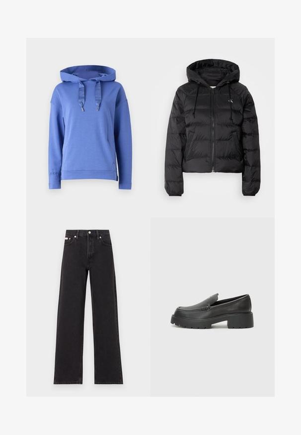 Calvin Klein Jeans LIGHTWEIGHT LOGO PUFFER - Vinterjacka - black; Blå huvtröja i mjukt tyg, med dragsnören med metalltoppar och en broderad logotyp på ärmen.; Svarta vida jeans i denim med hög midja, fem fickor och metallknappstängning med kontrasterande sömmar.; Svarta läderloafers med rund tå, tjockt strukturerat såle och minimala sömnadsdetaljer. Snygg design utan synliga snören eller beslag.