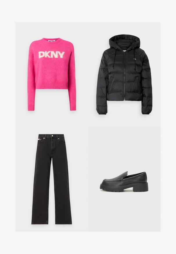 Calvin Klein Jeans LIGHTWEIGHT LOGO PUFFER - Winter jacket - black; Pink cropped sweater with long sleeves, made of soft, fluffy material. Features large white DKNY logo on the front and ribbed hem.; Black wide-leg jeans made of denim, featuring a high-rise waist, five-pocket styling, and a metal button closure with contrasting stitching.; Black leather loafers with a rounded toe, thick textured sole, and minimal stitching details. Sleek design with no visible laces or hardware.