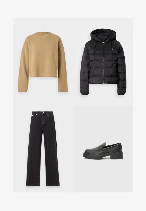 Calvin Klein Jeans LIGHTWEIGHT LOGO PUFFER - Žieminė striukė - black; Bežinė, trumpa megztinė su tekstūruotu mezginiu, apvalia grublėta iškirpte ir ilgomis rankovėmis. Paprastas dizainas be papildomų raštų ar detalių.; Juodos plačios kojų džinsai, pagaminti iš džinsinio audinio, su aukštu liemeniu, penkių kišenių stiliumi ir metaline sagte su kontrastingo siuvimo detalėmis.; Juodi odiniai loaferiai su apvaliu pirštu, storu tekstūruotu padu ir minimaliu siūlių dekoru. Išskirtinis dizainas be matomų raištelių ar furnitūros.