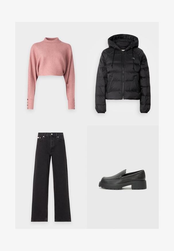 Calvin Klein Jeans LIGHTWEIGHT LOGO PUFFER - Talvejope - black; Kootud stiilis ribakudu särk pehmes roosas toonis kõrge kaelusega, lühikese lõikega ja laiade varrukatega, mida kaunistavad dekoratiivsed nööpikud.; Mustad laiad mustad teksad, millel on kõrge vöökoht, viie tasku stiil ja metallist nööpkinnitus kontrastsete õmblustega.; Mustad nahast loafers ümarate varvastega, paksu tekstuuriga tald ja minimaalsete õmbluse detailidega. Viimistletud disain, kus pole nähtavaid paelu ega riistu.