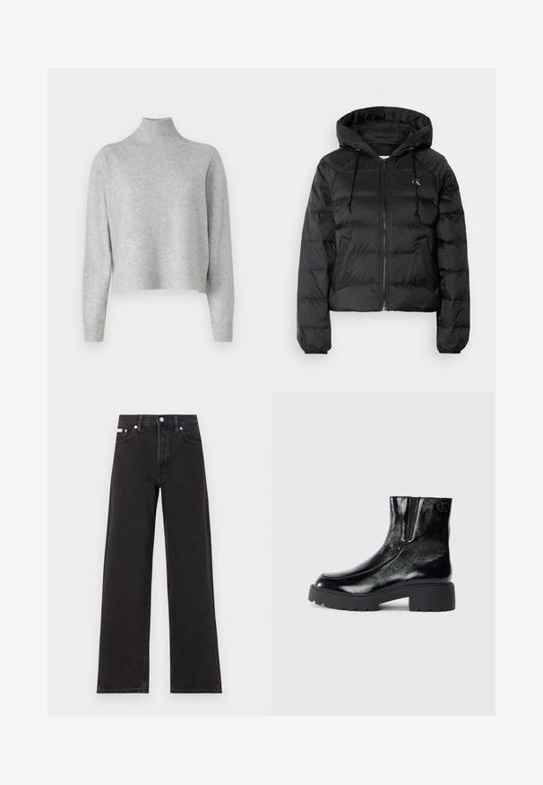Calvin Klein Jeans LIGHTWEIGHT LOGO PUFFER - Winterjacke - black; Hellgrauer Rollkragenpullover aus weichem Strickstoff, mit langen Ärmeln und einem gerippten Saum sowie Rippbündchen. Ohne Muster oder Hardware-Details.; Schwarze weit geschnittene Jeans aus Denim mit einem hoch sitzenden Bund, fünf Taschen und einem Metallknopfverschluss mit kontrastierendem Nähte.; Schwarze Knöchelstiefel mit glänzender Lackleder-Oberfläche, einer kräftigen gummierten schwarzen Sohle und Absatz; mit dezentem Logodetail an der Seite.