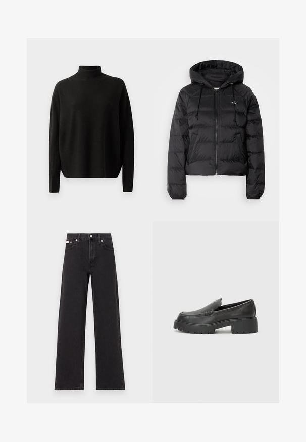 Calvin Klein Jeans LIGHTWEIGHT LOGO PUFFER - Winter jacket - black; Black long-sleeve turtleneck sweater with a relaxed fit, displayed against a plain white background.; Black wide-leg jeans made of denim, featuring a high-rise waist, five-pocket styling, and a metal button closure with contrasting stitching.; Black leather loafers with a rounded toe, thick textured sole, and minimal stitching details. Sleek design with no visible laces or hardware.