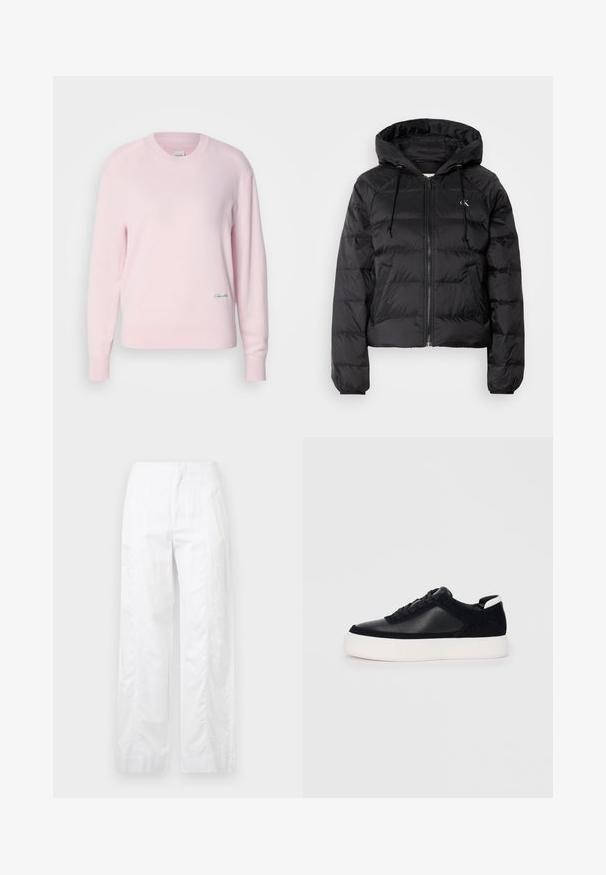 Calvin Klein Jeans LIGHTWEIGHT LOGO PUFFER - Talvejope - black; Heledad roosa sviiter pehmest kudumist materjalist. Omab ümmargust kaelust ja pikki varrukasid, madalal vasakul poolel on väike roheline logo.; Valged laiad püksid, mis on valmistatud kergetest materjalidest, omades siledat tekstuuri, puhtaid jooni ja kõrget vöökohta.; Mustad mustad spordijalanõud siledast nahast ja sametist paneelidega, lame nööriga, ümar varvas ja valge kummist tallaga. Erakordne logo kontsas.