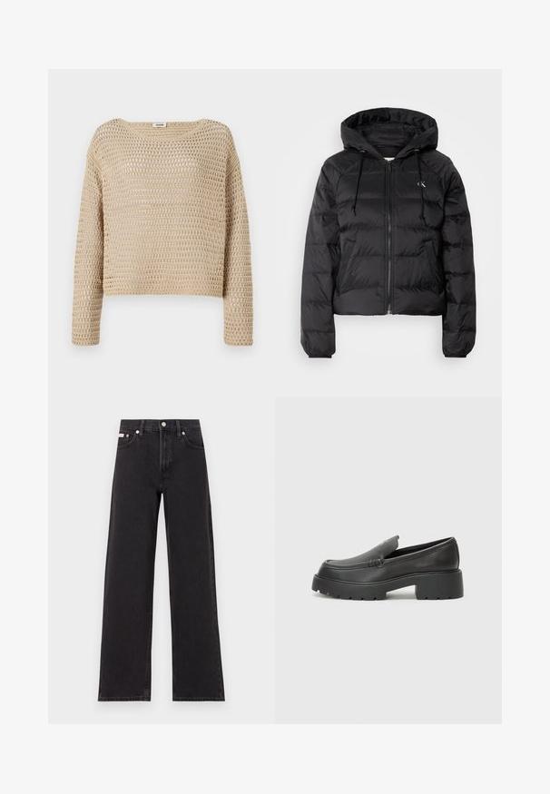 Calvin Klein Jeans LIGHTWEIGHT LOGO PUFFER - Winter jacket - black; Beige knitted sweater with a loose fit, featuring a textured open weave design, round neckline, and long sleeves.; Black wide-leg jeans made of denim, featuring a high-rise waist, five-pocket styling, and a metal button closure with contrasting stitching.; Black leather loafers with a rounded toe, thick textured sole, and minimal stitching details. Sleek design with no visible laces or hardware.