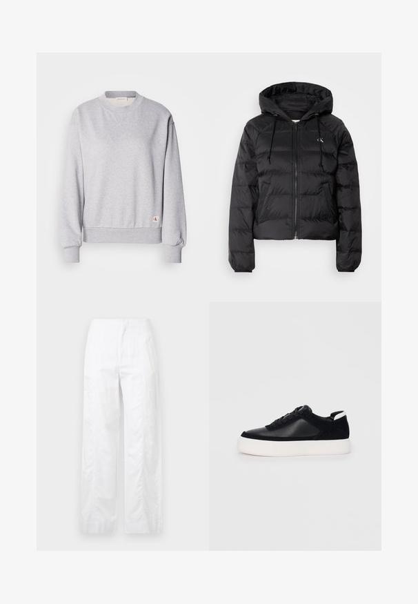 Calvin Klein Jeans LIGHTWEIGHT LOGO PUFFER - Casaco de inverno - black; Sweatshirt cinza de algodão com decote redondo, punhos e cintura canelados. Apresenta uma pequena etiqueta com o logótipo na parte inferior. Textura suave.; Calças brancas de perna larga feitas de um tecido leve, com uma textura suave, linhas limpas e um design de cintura alta.; Sapatilha preta com painéis de pele lisa e camurça, atacadores planos, bico arredondado e sola de borracha branca. Logótipo distinto no calcanhar.