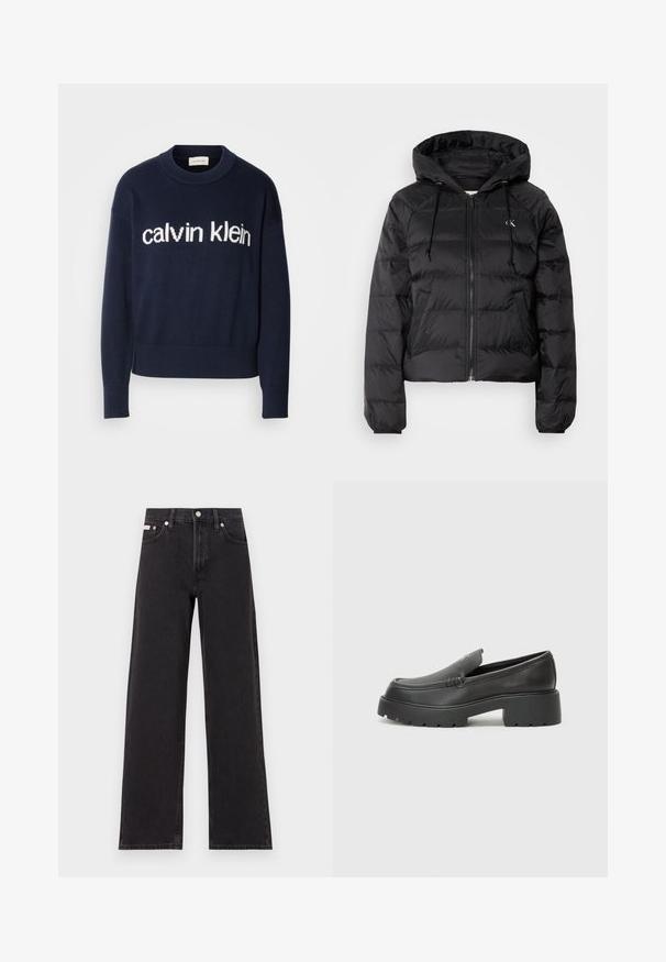 Calvin Klein Jeans LIGHTWEIGHT LOGO PUFFER - Casaco de inverno - black; Pullover azul marinho com um logótipo branco "calvin klein" no peito, punhos e barra canelados, confeccionado em um material de malha suave.; Jeans de perna larga pretos feitos de denim, apresentando uma cintura alta, estilo de cinco bolsos e um fecho em botão de metal com costura contrastante.; Mocassins de couro preto com bico arredondado, sola espessa e texturizada, e detalhes de costura minimalistas. Design elegante sem atacadores ou ferragens visíveis.