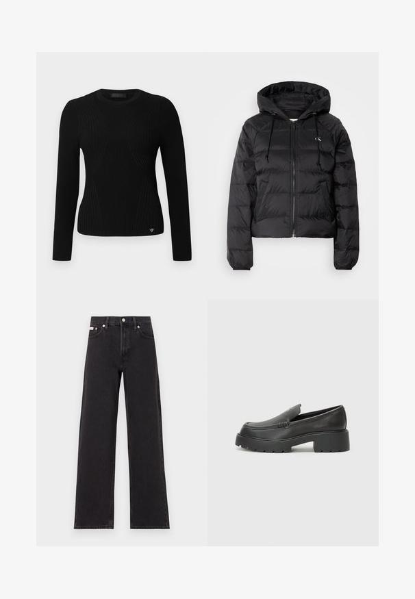 Calvin Klein Jeans LIGHTWEIGHT LOGO PUFFER - Casaco de inverno - black; Sweater preto de manga longa com nervuras, apresentando um design ajustado, gola redonda e costuras diagonais subtis; detalhe do logótipo na parte inferior da frente.; Jeans de perna larga pretos feitos de denim, apresentando uma cintura alta, estilo de cinco bolsos e um fecho em botão de metal com costura contrastante.; Mocassins de couro preto com bico arredondado, sola espessa e texturizada, e detalhes de costura minimalistas. Design elegante sem atacadores ou ferragens visíveis.
