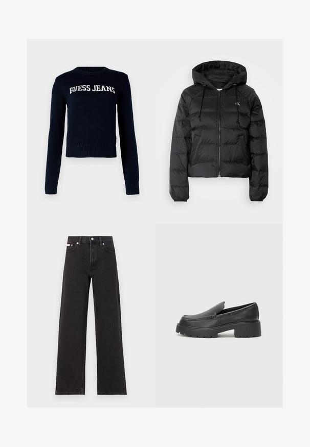 Calvin Klein Jeans LIGHTWEIGHT LOGO PUFFER - Ziemas jaka - black; Guess Jeans INTARSIA SWTR - Džemperis - daring ocean; Melni platmalu džinsi, kas izgatavoti no denima, ar augstu vidukli, piecu kabatu dizainu un metāla pogas aizdari ar kontrastējošu šuvumu.; Melnas ādas mokasīni ar noapaļotu purngalu, biezs teksturēts zoles un minimālas dūriena detaļas. Gluds dizains bez redzamām auklām vai metāla elementiem.