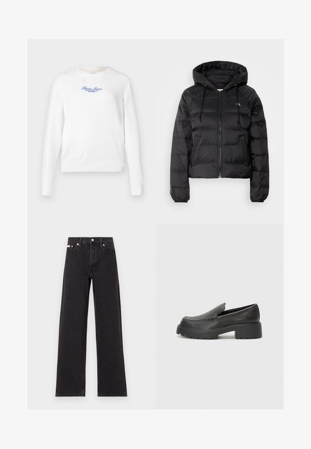 Calvin Klein Jeans LIGHTWEIGHT LOGO PUFFER - Winterjacke - black; Weißes Sweatshirt mit langen Ärmeln, Rundhalsausschnitt, gerippten Bündchen und Saum. Mit blauer Bestickung des "Guess Jeans" Logos auf der Vorderseite.; Schwarze weit geschnittene Jeans aus Denim mit einem hoch sitzenden Bund, fünf Taschen und einem Metallknopfverschluss mit kontrastierendem Nähte.; Schwarze Lederloafer mit einer abgerundeten Spitze, dicker strukturierten Laufsohle und minimalen Nähten. Schlankes Design ohne sichtbare Schnürsenkel oder Beschläge.