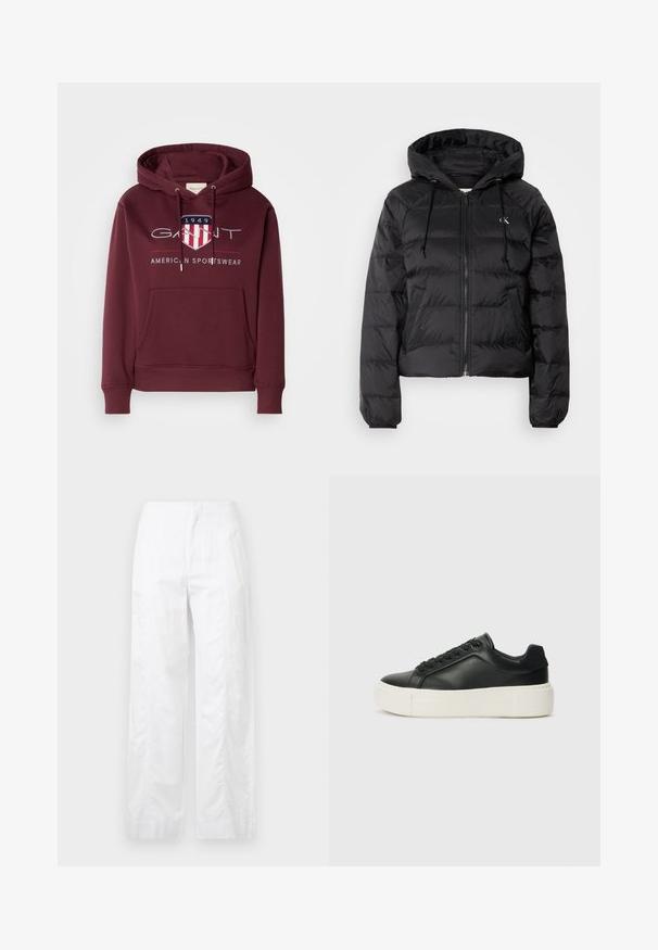Calvin Klein Jeans LIGHTWEIGHT LOGO PUFFER - Winter jacket - black; Maroon hoodie made of soft fabric, featuring a front pocket, drawstrings, and a logo with a shield and "1949" text on the chest.; White wide-leg trousers made of lightweight fabric, featuring a smooth texture, clean lines, and a high waist design.; Black leather sneaker with a rounded toe, white platform sole, and black laces. Features a subtle logo on the heel and smooth texture.