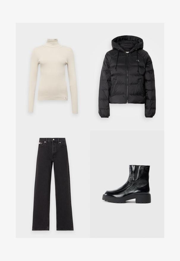 Calvin Klein Jeans LIGHTWEIGHT LOGO PUFFER - Winter jacket - black; Beige ribbed turtleneck sweater with long sleeves, slim fit, and a small branded tag at the lower left. Soft texture, clean design.; Black wide-leg jeans made of denim, featuring a high-rise waist, five-pocket styling, and a metal button closure with contrasting stitching.; Black ankle boots with a glossy patent leather finish, chunky black rubber sole, and raised heel; includes subtle logo detail on the side.