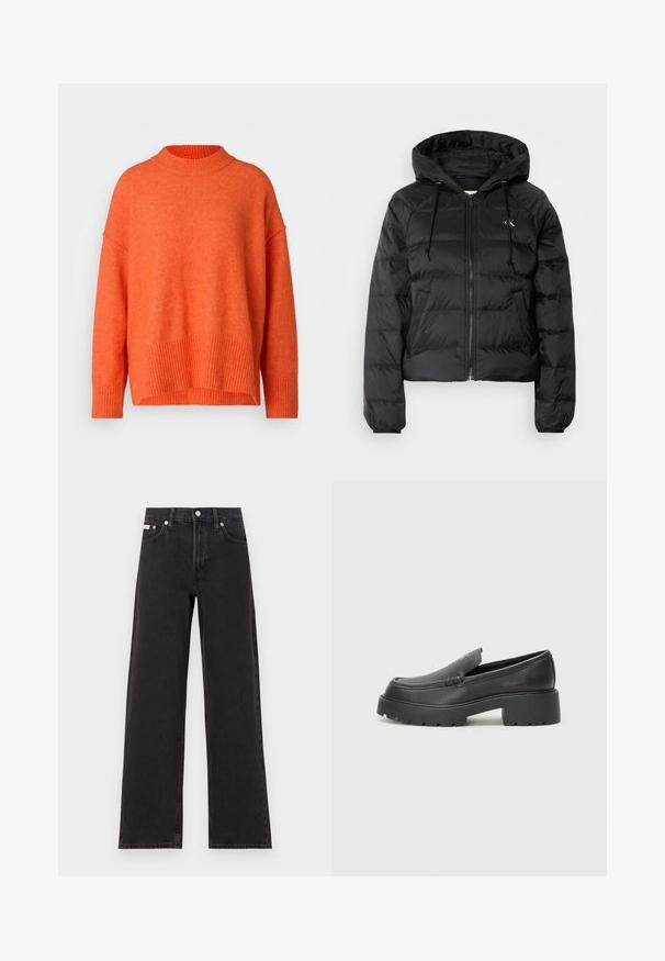 Calvin Klein Jeans LIGHTWEIGHT LOGO PUFFER - Žieminė striukė - black; Oranžinė per didelė megztinis su aukštu, raukšlėtu kaklu ir raukšlėta apačia. Minkšta, tekstūruota medžiaga, turi kritusias petnešas ir laisvą siluetą.; Juodos plačios kojų džinsai, pagaminti iš džinsinio audinio, su aukštu liemeniu, penkių kišenių stiliumi ir metaline sagte su kontrastingo siuvimo detalėmis.; Juodi odiniai loaferiai su apvaliu pirštu, storu tekstūruotu padu ir minimaliu siūlių dekoru. Išskirtinis dizainas be matomų raištelių ar furnitūros.