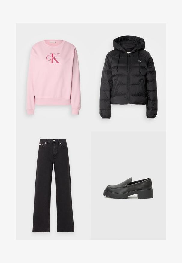 Calvin Klein Jeans LIGHTWEIGHT LOGO PUFFER - Winter jacket - black; Pink sweatshirt featuring a round neckline, long sleeves, and a front logo with the text "Calvin Klein" and "cK" in contrasting colors.; Black wide-leg jeans made of denim, featuring a high-rise waist, five-pocket styling, and a metal button closure with contrasting stitching.; Black leather loafers with a rounded toe, thick textured sole, and minimal stitching details. Sleek design with no visible laces or hardware.