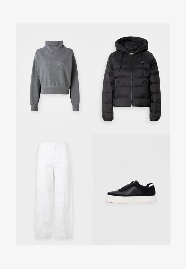 Calvin Klein Jeans LIGHTWEIGHT LOGO PUFFER - Ziemas jaka - black; Pelēksīs īsais džemperis ar augstu apkakli, uz krūtīm ar rhinestonu uzrakstu "BOSS" un ribota šuvuma aprocēm un apakšmalai. Mīkstas materiāla struktūra.; Baltas, plaša kāju bikses, izgatavotas no viegla auduma, ar gludu tekstūru, tīrām līnijām un augstu jostasvietu.; Melnas sporta kurpes ar gludu ādu un zamša paneļiem, plakaniem šņorēm, noapaļotu pirkstu daļu un baltu gumijas zolīti. Izteikts logo uz papēža.
