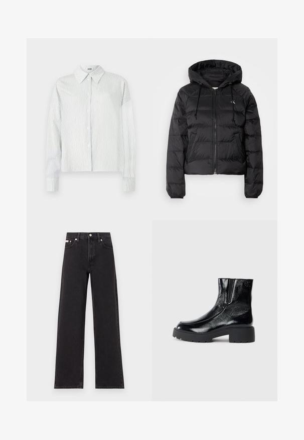 Calvin Klein Jeans LIGHTWEIGHT LOGO PUFFER - Giacca invernale - black; Camicia bianca a maniche lunghe con bottoni, con sottili righe verticali grigie e colletto a punta, su uno sfondo semplice.; Jeans neri a gamba larga in denim, con vita alta, styling a cinque tasche e chiusura con bottone metallico e cuciture a contrasto.; Stivali neri alla caviglia con una finitura in pelle laccata lucida, suola in gomma nera spessa e tacco rialzato; include un discreto dettaglio del logo sul lato.