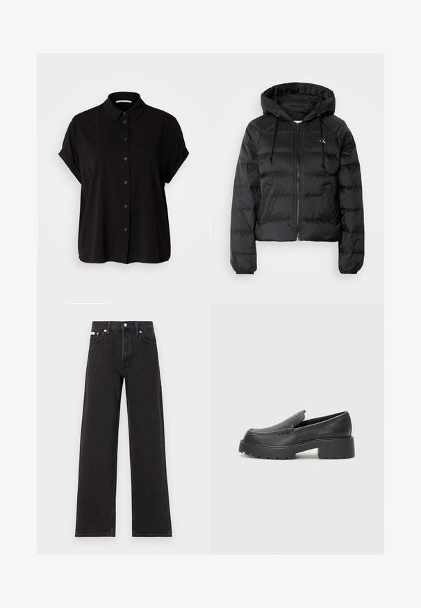 Calvin Klein Jeans LIGHTWEIGHT LOGO PUFFER - Jachetă de iarnă - black; Cămașă neagră cu mânecă scurtă, cu închidere butonată în față, guler și manșete rulate. Fabricată dintr-un material neted, cu o croială lejeră.; Jeanși negri cu picioare largi, fabricați din denim, cu talie înaltă, stil cu cinci buzunare și închidere cu nasture metalic, cu cusături contrastante.; Mocasini din piele neagră, cu vârf rotunjit, talpă groasă texturată și detalii minimale de cusătură. Design elegant, fără șireturi sau accesorii vizibile.