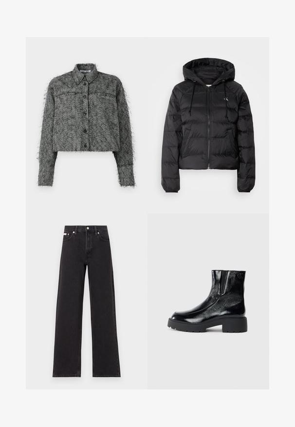 Calvin Klein Jeans LIGHTWEIGHT LOGO PUFFER - Zimska jakna - black; Kratka jakna s črno-sivim ribjim kostmi, z gumbom spredaj, dolgimi rokavi in klasičnim ovratnikom, ki ima teksturiran puhast zaključek.; Črne široke jeans hlače iz denima, s poudarjenim pasom, petimi žepi in kovinskim gumbom za zapiranje ter kontrastnim šivanjem.; Črne gležnarje z sijajnim patentiranim usnjem, debele črne gumijaste podplate in dvignjen petni del; vključujejo subtilen logotip na strani.