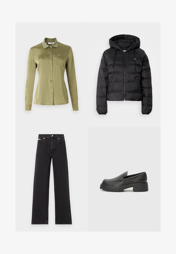 Calvin Klein Jeans LIGHTWEIGHT LOGO PUFFER - Giacca invernale - black; Lacoste Camicia - khaki; Jeans neri a gamba larga in denim, con vita alta, styling a cinque tasche e chiusura con bottone metallico e cuciture a contrasto.; Mocassini in pelle nera con punta arrotondata, suola spessa e testurizzata, e minime cuciture. Design elegante senza lacci o parti metalliche visibili.
