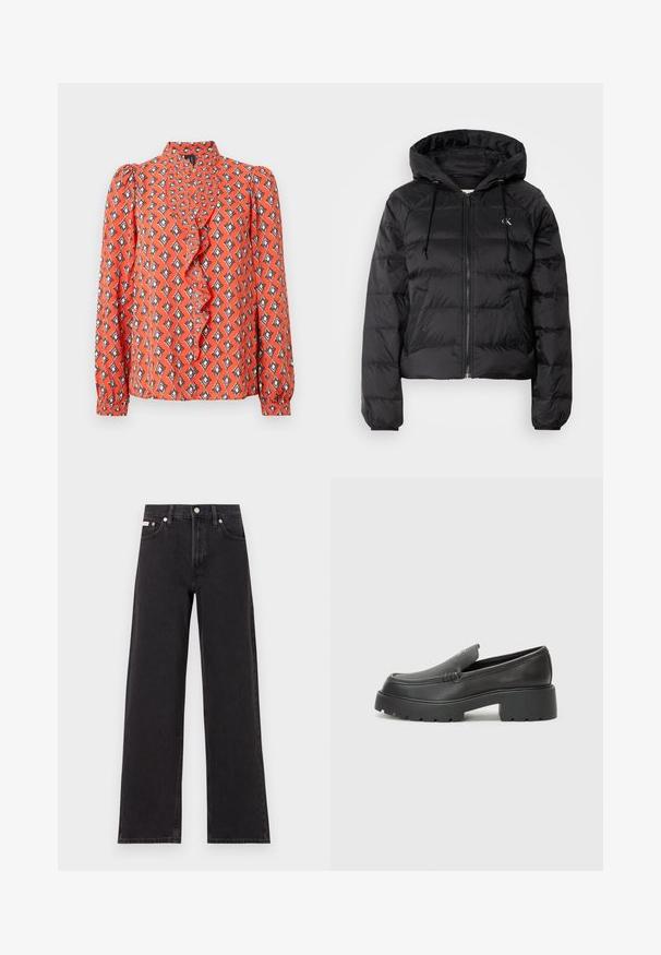 Calvin Klein Jeans LIGHTWEIGHT LOGO PUFFER - Winter jacket - black; Red blouse with long sleeves, ruffled neckline, geometric print in orange, black, and cream colors. Lightweight fabric with a smooth texture.; Black wide-leg jeans made of denim, featuring a high-rise waist, five-pocket styling, and a metal button closure with contrasting stitching.; Black leather loafers with a rounded toe, thick textured sole, and minimal stitching details. Sleek design with no visible laces or hardware.