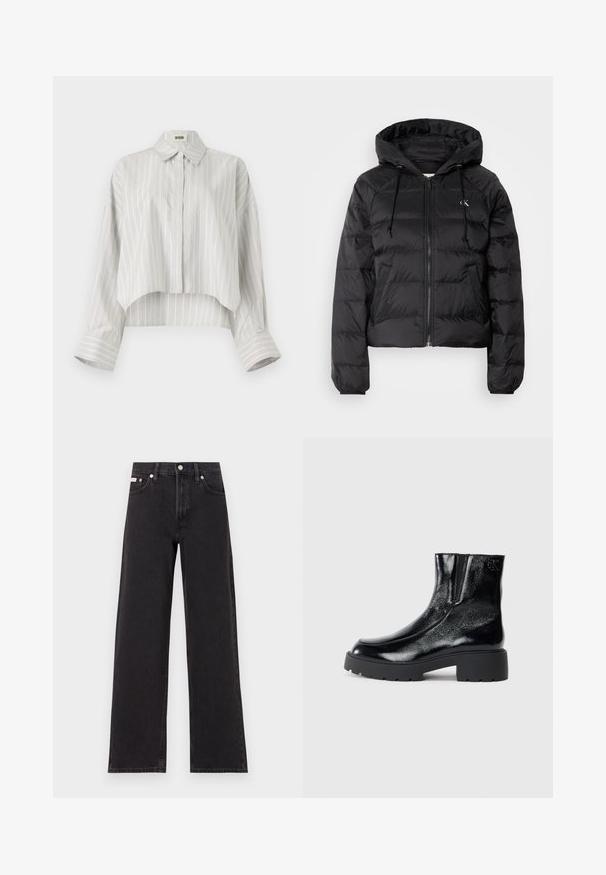 Calvin Klein Jeans LIGHTWEIGHT LOGO PUFFER - Zimska jakna - black; Črtasta bluzica s skrajšano obliko, narejena iz lahkotnega materiala. Ima zapenjanje spredaj na gumbe, ovratnik in široke, zavihane rokave. Svetlo siva in bela.; Črne široke jeans hlače iz denima, s poudarjenim pasom, petimi žepi in kovinskim gumbom za zapiranje ter kontrastnim šivanjem.; Črne gležnarje z sijajnim patentiranim usnjem, debele črne gumijaste podplate in dvignjen petni del; vključujejo subtilen logotip na strani.