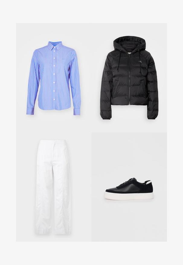 Calvin Klein Jeans LIGHTWEIGHT LOGO PUFFER - Jachetă de iarnă - black; GANT STRIPED - Cămașă - hellblau/weiß; Pantaloni albi cu croială largă, fabricați dintr-un material ușor, având o textură netedă, linii curate și un design cu talie înaltă.; Sneaker negru cu piele netedă și panouri din întăritură, șireturi plate, vârf rotund și talpă din cauciuc alb. Logo distinct pe călcâi.