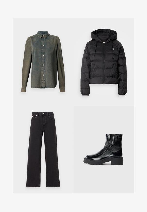 Calvin Klein Jeans LIGHTWEIGHT LOGO PUFFER - Zimska jakna - black; Temno zelena jeans srajca z gumbi spredaj, ostro ovratnikom, dolgimi rokavi in srebrnimi gumbi, z mehko, teksturirano tkanino.; Črne široke jeans hlače iz denima, s poudarjenim pasom, petimi žepi in kovinskim gumbom za zapiranje ter kontrastnim šivanjem.; Črne gležnarje z sijajnim patentiranim usnjem, debele črne gumijaste podplate in dvignjen petni del; vključujejo subtilen logotip na strani.