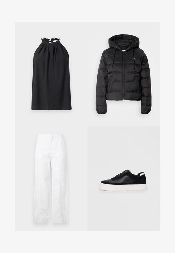 Calvin Klein Jeans LIGHTWEIGHT LOGO PUFFER - Casaco de inverno - black; Top halter preto feito de tecido texturizado. Apresenta decote franzido com laços ajustáveis. Design simples com um ajuste descontraído. Cor sólida.; Calças brancas de perna larga feitas de um tecido leve, com uma textura suave, linhas limpas e um design de cintura alta.; Sapatilha preta com painéis de pele lisa e camurça, atacadores planos, bico arredondado e sola de borracha branca. Logótipo distinto no calcanhar.
