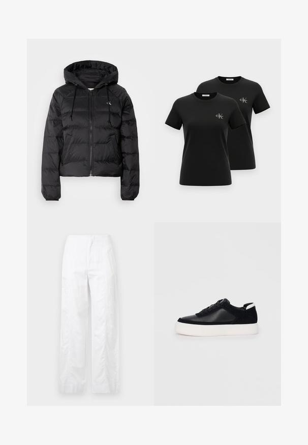 Calvin Klein Jeans LIGHTWEIGHT LOGO PUFFER - Talvejope - black; Kaks musta lühikese varrukaga ümara kaelusega T-särki, millel on vasakul rinnal väikesed hallid "CK Calvin Klein" logod, esitatuna valgel taustal.; Valged laiad püksid, mis on valmistatud kergetest materjalidest, omades siledat tekstuuri, puhtaid jooni ja kõrget vöökohta.; Mustad mustad spordijalanõud siledast nahast ja sametist paneelidega, lame nööriga, ümar varvas ja valge kummist tallaga. Erakordne logo kontsas.