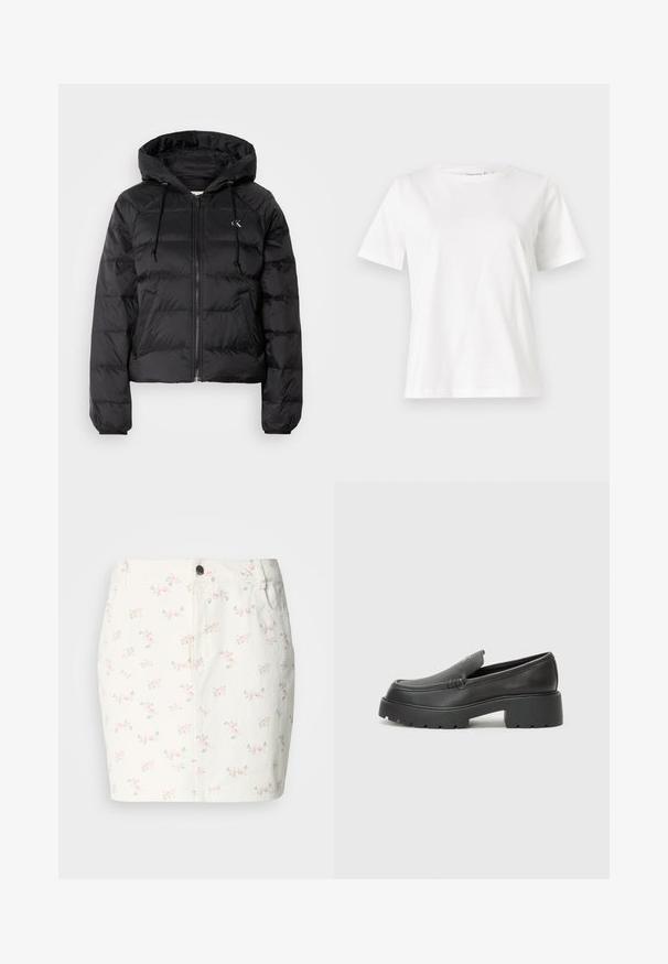 Calvin Klein Jeans LIGHTWEIGHT LOGO PUFFER - Vinterjakke - black; Hvit bomull t-skjorte med korte ermer, rund hals og avslappet passform. Glatt tekstur, ingen mønstre eller detaljer, minimalistisk design.; Hvit denimskjørt med blomsterdesign i rosa og grønt, med en frontknapplukking og sidelommer. Kort lengde.; Sorte skinnloafers med rund tå, tykk teksturert såle og minimale sømdetaljer. Strømlinjeformet design uten synlige snørebånd eller hardvarer.