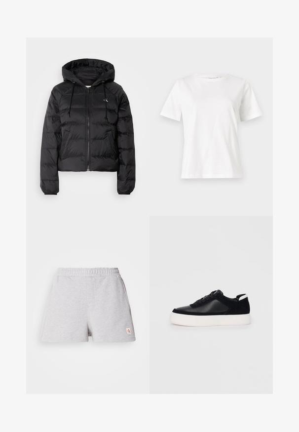 Calvin Klein Jeans LIGHTWEIGHT LOGO PUFFER - Zimska jakna - black; Bijela pamučna majica s kratkim rukavima, okruglim izrezom i opuštenim krojem. Glatka tekstura, bez uzoraka ili akcenata, minimalistički dizajn.; Sive pamučne kratke hlače s elastičnim pojasom, bočnim džepovima i malom logotip oznakom na rubu. Mekana tekstura, opušteni kroj, ležerni dizajn.; Crne tenisice s glatkom kožom i panelima od antilopa, ravne vezice, zaobljenim vrhom i bijelim gumeni potplat. Izraziti logo na peti.