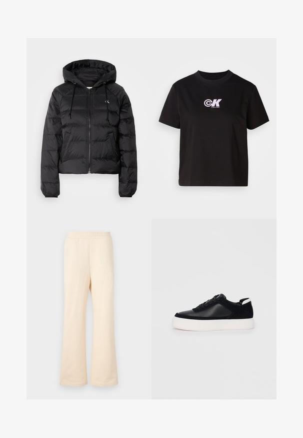Calvin Klein Jeans LIGHTWEIGHT LOGO PUFFER - Téli dzseki - black; Fekete pamut póló, kerek nyakkivágással és rövid ujjakkal. A bal felső mellrészen fehér és rózsaszín "CK" logó található.; Vajas széles szárú melegítőnadrág puha pamutból, rugalmas derékkal és diszkrét hímzett logóval az elülső bal oldalon.; Fekete sportcipő sima bőrből és velúr panelekkel, lapos fűzőkkel, kerek orral és fehér gumi talppal. Megkülönböztető logó a sarkán.