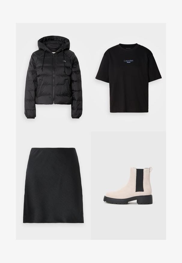 Calvin Klein Jeans LIGHTWEIGHT LOGO PUFFER - Vinterjakke - black; Sort bomull t-skjorte med rund hals, korte ermer, og blå brodert "Calvin Klein JEANS" logo på forsiden.; Svart sateng miniskjørt med en jevn tekstur og rett kant, vist mot en ensfarget hvit bakgrunn.; Beige semsket Chelsea-støvel med svart elastisk sidepanel, kraftig svart såle og trekkflik ved ankelen.