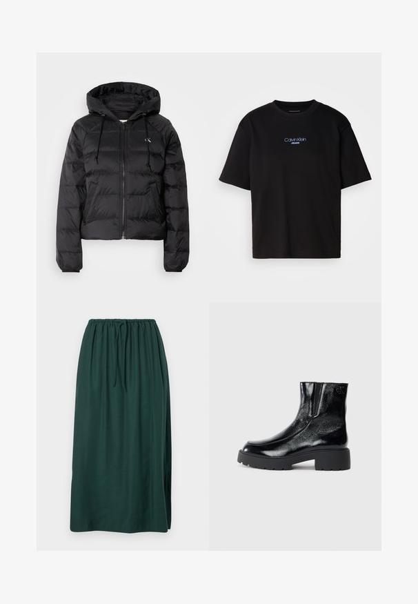 Calvin Klein Jeans LIGHTWEIGHT LOGO PUFFER - Jachetă de iarnă - black; Tricou din bumbac negru cu guler rotund, mâneci scurte și logo-ul brodat în albastru "Calvin Klein JEANS" pe față.; Fustă lungă, de culoare verde închis, realizată dintr-un material neted, având un brâu elastic și șnur de ajustare, cu o fante laterală pentru un plus de libertate de mișcare.; Botine negre până la gleznă, cu un finisaj de piele lacuită strălucitoare, talpă de cauciuc neagră masivă și toc înălțat; include detalii subtile cu logo pe lateral.