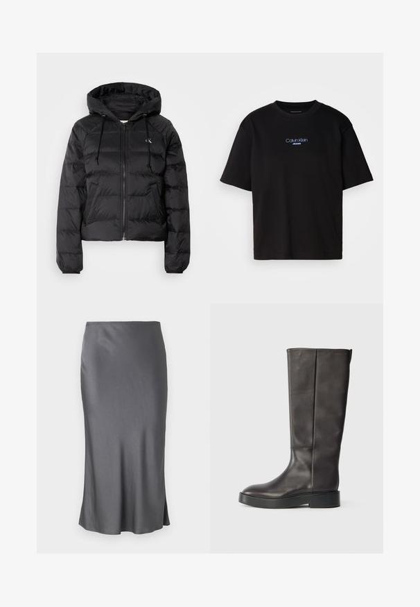 Calvin Klein Jeans LIGHTWEIGHT LOGO PUFFER - Casaco de inverno - black; T-shirt preta de algodão com gola redonda, mangas curtas e logo bordado azul "Calvin Klein JEANS" na parte da frente.; Saia midi cinza em cetim com uma textura suave, silhueta reta, fenda lateral discreta e um cós elástico.; Bota de couro preta até o joelho com sola grossa e logo discreto da Calvin Klein próximo à borda superior, vista de lado.