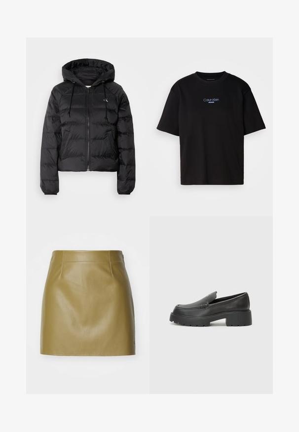 Calvin Klein Jeans LIGHTWEIGHT LOGO PUFFER - Winter jacket - black; Black cotton t-shirt with a round neck, short sleeves, and blue embroidered "Calvin Klein JEANS" logo on the front.; Olive green leather mini skirt with a smooth texture, featuring two front seams and a straight cut, finished with minimalistic stitching details.; Black leather loafers with a rounded toe, thick textured sole, and minimal stitching details. Sleek design with no visible laces or hardware.