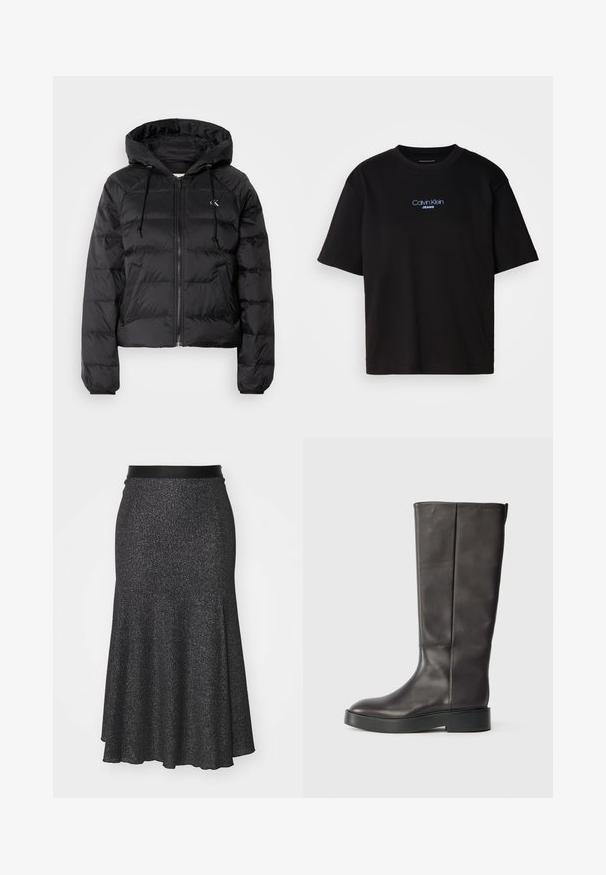 Calvin Klein Jeans LIGHTWEIGHT LOGO PUFFER - Žieminė striukė - black; Juodas medvilnės marškinėliai su apykakle, trumpomis rankovėmis ir mėlynai siuvinėtu "Calvin Klein JEANS" logotipu priekyje.; Juoda blizganti sijonas su platėjančiu siluetu ir lygiu juosmeniu, pagamintas iš tekstūruoto audinio, su ilgesniu užpakaliniu kraštu ir subtiliu blizgesio efektu.; Juodos odinės iki kelių botai su storu padu ir subtiliu Calvin Klein logotipu viršuje, matomi iš šono.