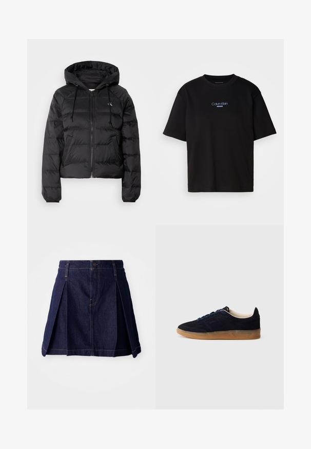 Calvin Klein Jeans LIGHTWEIGHT LOGO PUFFER - Talvejope - black; Mustmust särk ümmarguse kaelusega, lühikeste varrukatega ja sinise tikandiga "Calvin Klein JEANS" logo ees.; Tume denim seelik, millel on voldid, nööbiga sulgemine ja kontrastne õmblus. Lihtne disain, laiendatud kujuga ja keskmise pikkusega.; Tumesinised seemisnahast spordijalatsid kummist tallaga, siniste paeltega ja minimalistliku disainiga. Küljel on reljeefne logo ja sees on sile vooder.