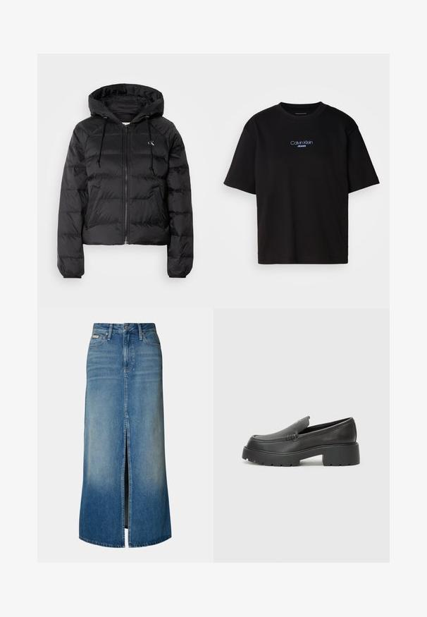 Calvin Klein Jeans LIGHTWEIGHT LOGO PUFFER - Žieminė striukė - black; Juodas medvilnės marškinėliai su apykakle, trumpomis rankovėmis ir mėlynai siuvinėtu "Calvin Klein JEANS" logotipu priekyje.; Šviesiai mėlyna džinsinė maksi sijonas su priekinėmis plyšio detalėmis, dirželių kilpomis, tradicine penkių kišenių konstrukcija ir išblukusiu efektu.; Juodi odiniai loaferiai su apvaliu pirštu, storu tekstūruotu padu ir minimaliu siūlių dekoru. Išskirtinis dizainas be matomų raištelių ar furnitūros.