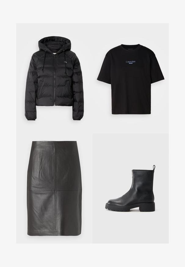 Calvin Klein Jeans LIGHTWEIGHT LOGO PUFFER - Zimska jakna - black; Crna pamučna majica s okruglim izrezom, kratkim rukavima i plavim izvezenim logom "Calvin Klein JEANS" na prednjoj strani.; Crna kožna suknja glatke teksture, s vertikalnim šavovima i ravnim krojem. Bez vidljivih metalnih dijelova ili akcentskih detalja.; Crne kožne gležnjače s bočnim zatvaračem, okruglim vrhom i masivnom, teksturiranom potplatom. Suptilno brendiranje sa strane.