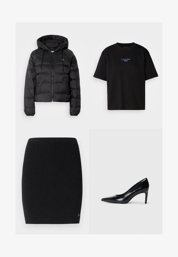 Calvin Klein Jeans LIGHTWEIGHT LOGO PUFFER - Ziemas jaka - black; Melna kokvilnas T-kreklu ar apaļu kaklu, īsām piedurknēm un zilu izšūtu "Calvin Klein JEANS" logo priekšpusē.; Melnā ribota adīta svārku, kas piemīt pieguļošs dizains, ar bezšuvju jostasvietu un mazu zīmola etiķeti apakšējā labajā stūrī.; Melnas ādas augstpapēžu kurpes ar norādītu purngali, gludu tekstūru un šauru papēdi. Minimālistisks dizains, bez papildu rotājumiem.