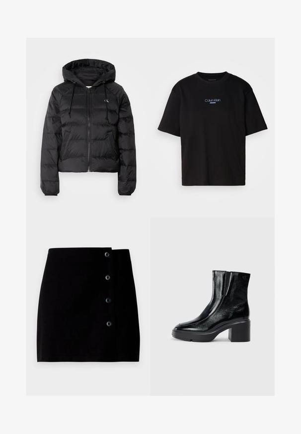 Calvin Klein Jeans LIGHTWEIGHT LOGO PUFFER - Ziemas jaka - black; Melna kokvilnas T-kreklu ar apaļu kaklu, īsām piedurknēm un zilu izšūtu "Calvin Klein JEANS" logo priekšpusē.; Melnā mini svārku izgatavoti no kokvilnas, ar sānu pogu aizdari, kas sastāv no četrām melnām pogām un taisnu siluetu. Gluda tekstūra.; Melnas lakotas ādas potītes zābaki ar izliekto purngalu, elastīgām sānu paneļiem un masīvu blokveida papēdi. Aizmugurē ir izsistā logo.
