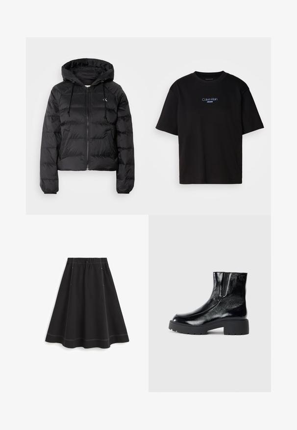 Calvin Klein Jeans LIGHTWEIGHT LOGO PUFFER - Winter jacket - black; Black cotton t-shirt with a round neck, short sleeves, and blue embroidered "Calvin Klein JEANS" logo on the front.; Black knee-length skirt made of smooth fabric with an elastic waistband, featuring white stitching along the seams and hem.; Black ankle boots with a glossy patent leather finish, chunky black rubber sole, and raised heel; includes subtle logo detail on the side.