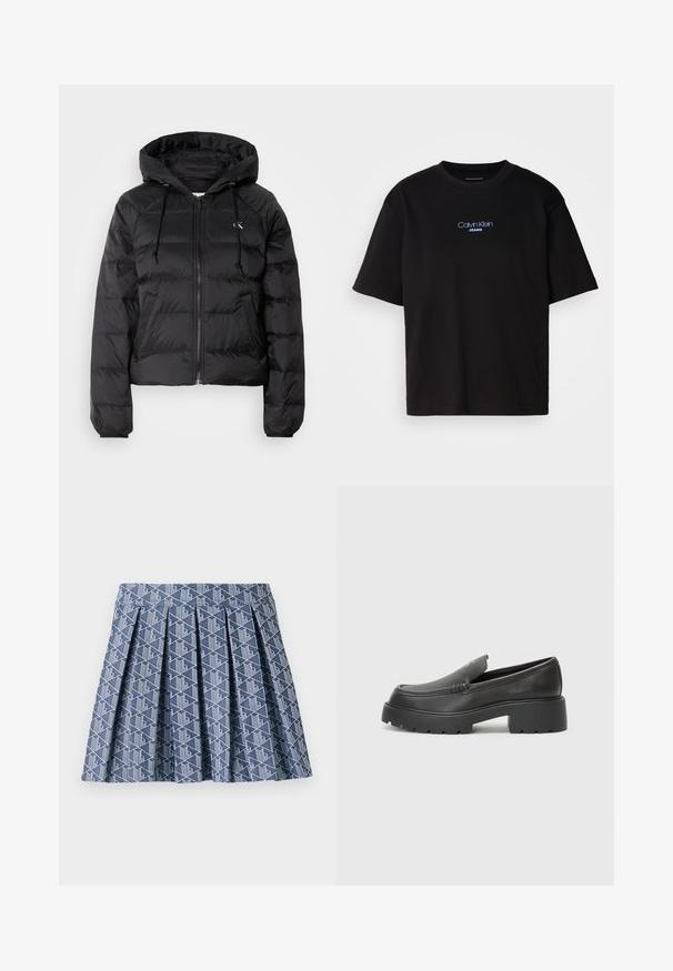 Calvin Klein Jeans LIGHTWEIGHT LOGO PUFFER - Talvejope - black; Mustmust särk ümmarguse kaelusega, lühikeste varrukatega ja sinise tikandiga "Calvin Klein JEANS" logo ees.; Sinine volditud seelik, millel on geomeetriline valge muster. Valmistatud tekstureeritud kangast, sobiva vöökoht ja kihilise disainiga.; Mustad nahast loafers ümarate varvastega, paksu tekstuuriga tald ja minimaalsete õmbluse detailidega. Viimistletud disain, kus pole nähtavaid paelu ega riistu.